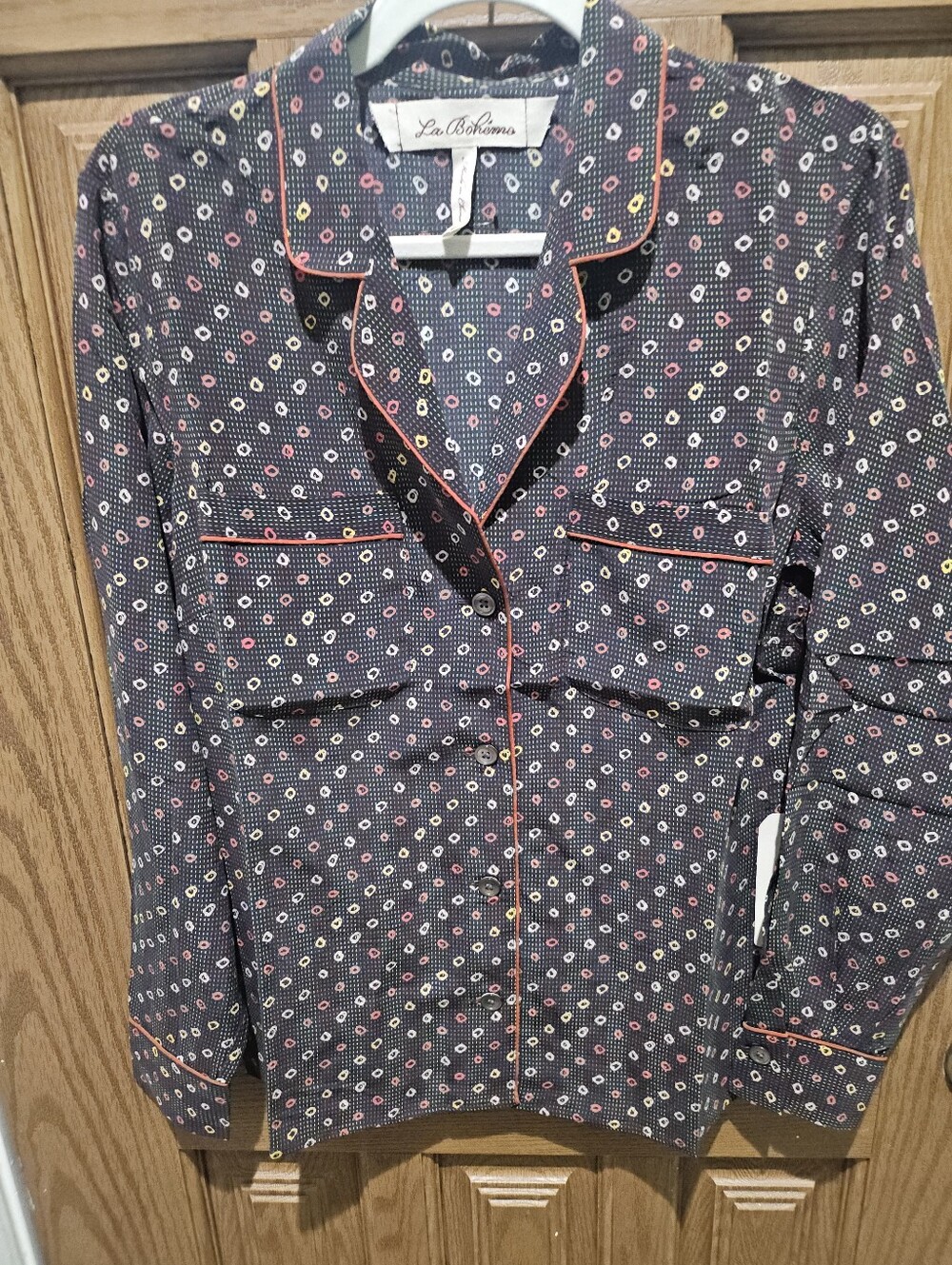 La Boheme Black Button-Down Shirt with Pink and Yellow Accents
